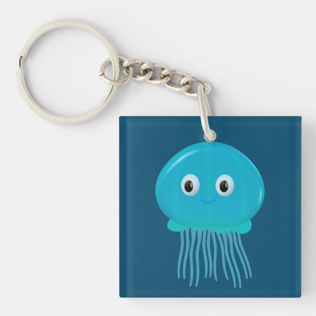 Cute Cartoon Jellyfish In Blue Ocean Keychain (Front)