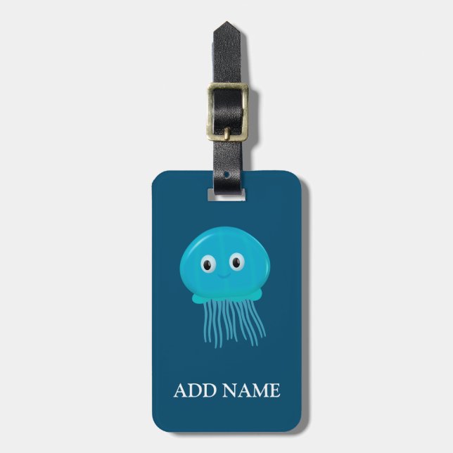 Cute Cartoon Jellyfish In Blue Ocean Luggage Tag (Front Vertical)