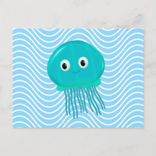 Cute Cartoon Jellyfish In Blue Ocean Postcard