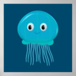 Cute Cartoon Jellyfish In Blue Ocean Poster<br><div class="desc">A cute blue cartoon jellyfish.
Baby animal poster.
Gift idea for kids.</div>