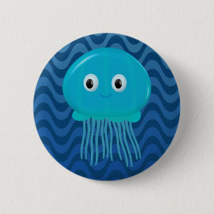 Cute Cartoon Jellyfish In Blue Waves 2 Inch Round Button