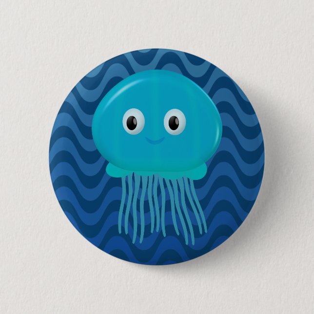 Cute Cartoon Jellyfish In Blue Waves 2 Inch Round Button (Front)
