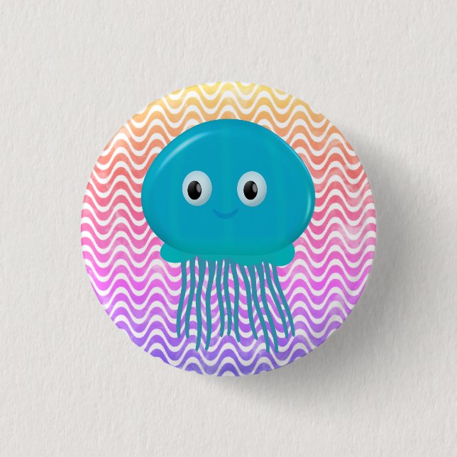 Cute Cartoon Jellyfish In Colourful Ocean 1 Inch Round Button (Front)