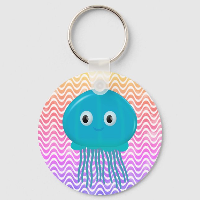 Cute Cartoon Jellyfish In Colourful Ocean Keychain (Front)