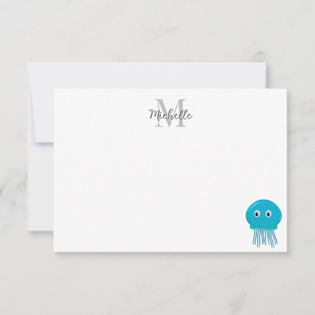 Cute Cartoon Jellyfish Personalized Monogram Card (Front)