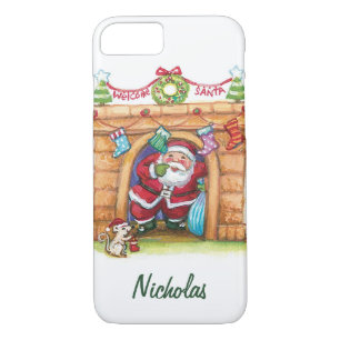 Cute Cartoon Jolly Santa Claus Coming Down Chimney iPhone 8/7 Case
