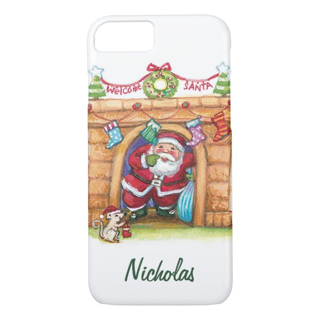 Cute Cartoon Jolly Santa Claus Coming Down Chimney Case-Mate iPhone Case (Back)