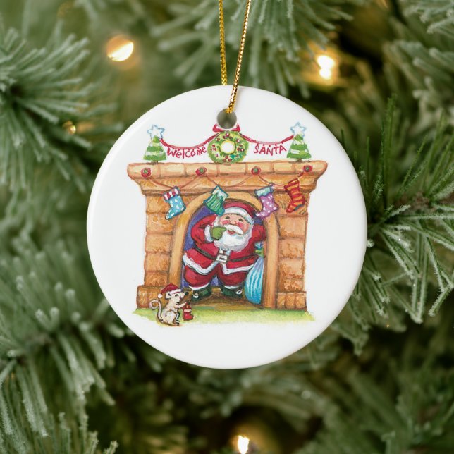 Cute Cartoon Jolly Santa Claus Coming Down Chimney Ceramic Ornament (Tree)