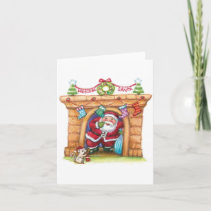 Cute Cartoon Jolly Santa Claus Coming Down Chimney Holiday Card