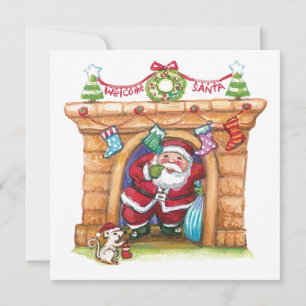 Cute Cartoon Jolly Santa Claus Coming Down Chimney Holiday Card