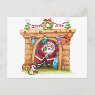Cute Cartoon Jolly Santa Claus Coming Down Chimney Holiday Postcard