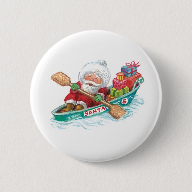 Cute Cartoon Jolly Santa Claus in a Row Boat 2 Inch Round Button (Front)