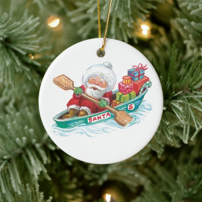 Cute Cartoon Jolly Santa Claus in a Row Boat Ceramic Ornament (Tree)