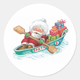 Cute Cartoon Jolly Santa Claus in a Row Boat Classic Round Sticker