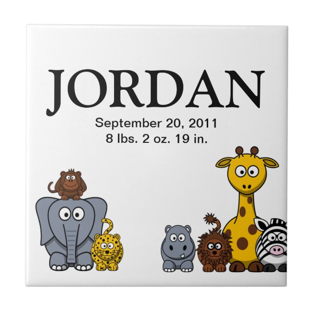 Cute Cartoon Jungle Animals 3 New Baby Name Tile (Front)