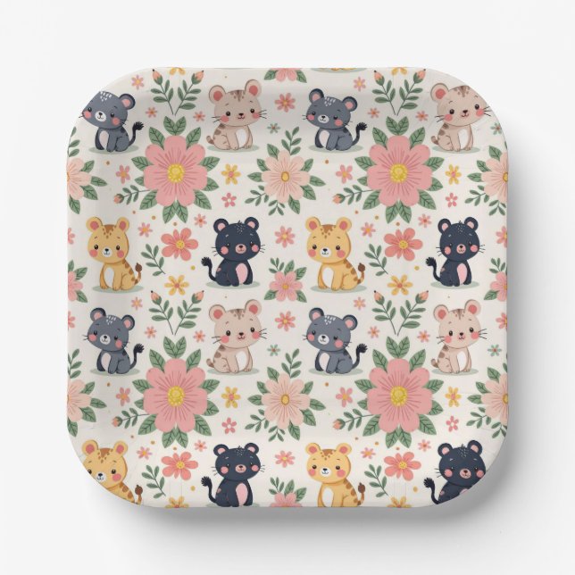 Cute Cartoon Jungle Cats and Flowers Paper Plate (Front)
