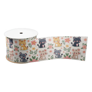 Cute Cartoon Jungle Cats and Flowers Satin Ribbon