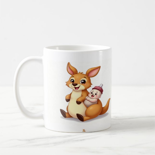 Cute Cartoon Kangaroo with Baby and Milk Bottle -  Coffee Mug (Left)