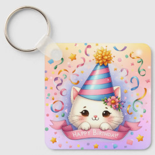 Cute Cartoon Kawaii Kitty Cat Happy Birthday  Keychain