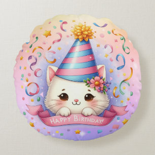 Cute Cartoon Kawaii Kitty Cat Happy Birthday  Round Pillow