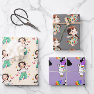 Cute Cartoon Kids & Rainbow Characters Wrapping Paper Sheet