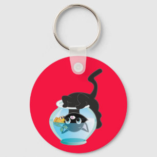 Cute Cartoon Kitten, Fish and bowl Keychain