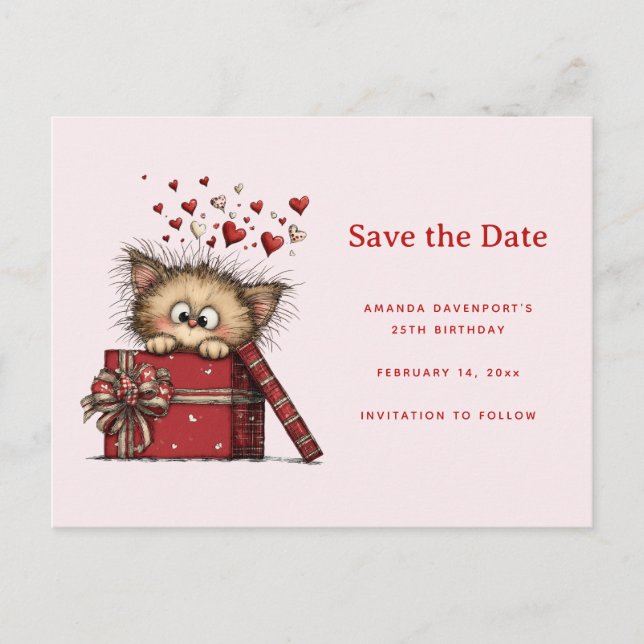 Cute Cartoon Kitten in a Box with Hearts Announcement Postcard (Front)