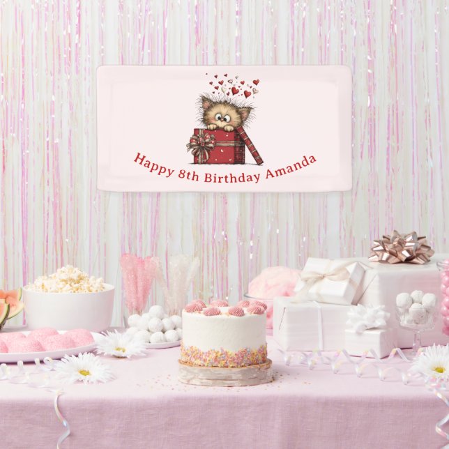 Cute Cartoon Kitten in a Box with Hearts Birthday Banner (Party)