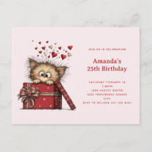 Cute Cartoon Kitten in a Box with Hearts Birthday