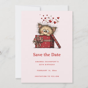 Cute Cartoon Kitten in a Box with Hearts Birthday Save The Date