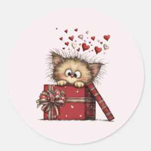 Cute Cartoon Kitten in a Box with Hearts Classic Round Sticker
