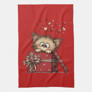 Cute Cartoon Kitten in a Box with Hearts Kitchen Towel