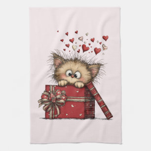 Cute Cartoon Kitten in a Box with Hearts Kitchen Towel
