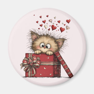 Cute Cartoon Kitten in a Box with Hearts Magnet