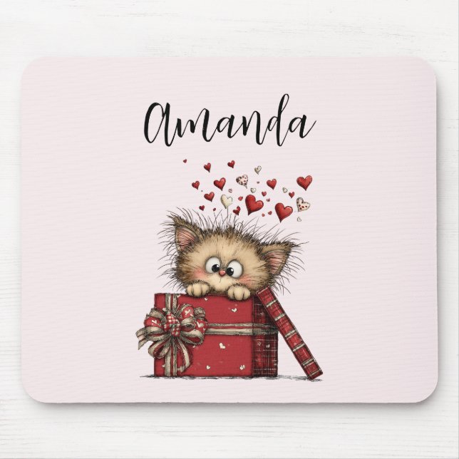Cute Cartoon Kitten in a Box with Hearts Mouse Pad (Front)