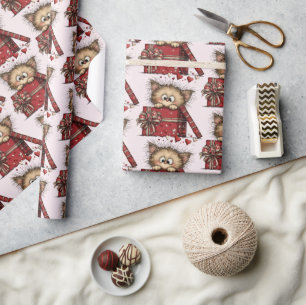 Cute Cartoon Kitten in a Box with Hearts Pattern Wrapping Paper