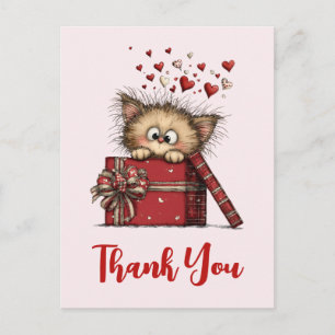 Cute Cartoon Kitten in a Box with Hearts Thank You Postcard