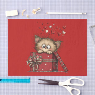 Cute Cartoon Kitten in a Box with Hearts Tissue Paper