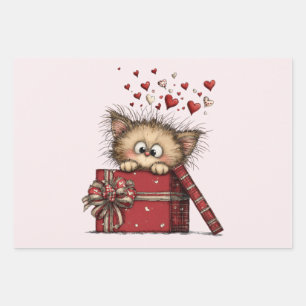 Cute Cartoon Kitten in a Box with Hearts Wrapping Paper Sheet