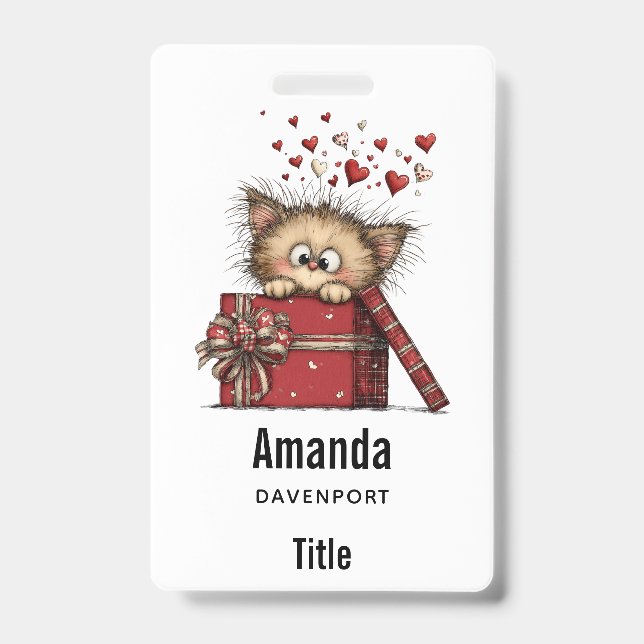 Cute Cartoon Kitten with Hearts Badge (Front)
