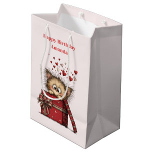 Cute Cartoon Kitten with Hearts Birthday Medium Gift Bag