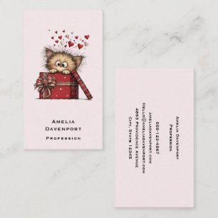 Cute Cartoon Kitten with Hearts Business Card