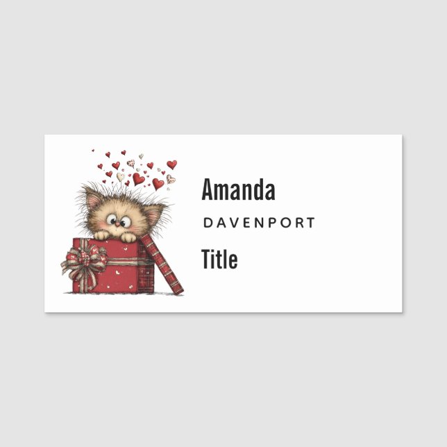 Cute Cartoon Kitten with Hearts Business Name Tag (Front)