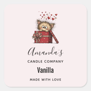 Cute Cartoon Kitten with Hearts Candle Business Square Sticker