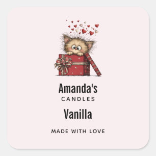 Cute Cartoon Kitten with Hearts Candle Business Square Sticker