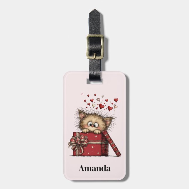 Cute Cartoon Kitten with Hearts Luggage Tag (Front Vertical)