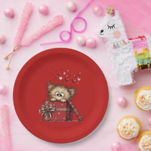 Cute Cartoon Kitten with Hearts Paper Plate