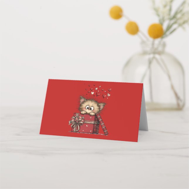 Cute Cartoon Kitten with Hearts Place Card (Front)