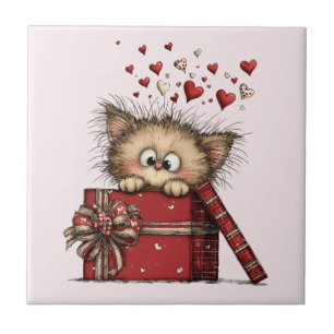 Cute Cartoon Kitten with Hearts Tile