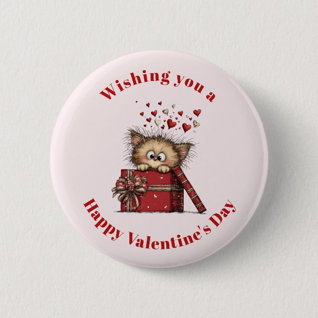 Cute Cartoon Kitten with Hearts Valentine's Day 2 Inch Round Button (Front)